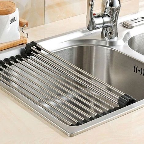 Égouttoir Pliable Antidérapant - 37 x 23 cm - Acier Inoxydable - Silicone - Noir
