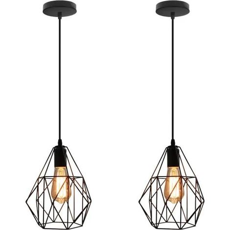 U-Do 2Pcs Lustre Ajustable Vintage Suspension Luminaire Cage en Fer Noir E27 Lampe Intérieur style Industriel (1/4)