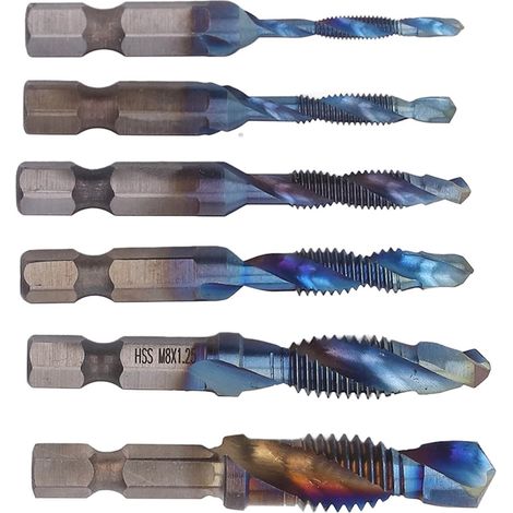 Jeu de 6 tarauds combinés à queue hexagonale, tarauds à goujures hélicoïdales, outil de taraudage en acier rapide, revêtement coloré