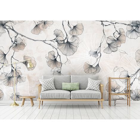 Papier peint panoramique feuilles de ginkgo suspendues effet béton pour salon et chambre 416x254 cm (1/5)