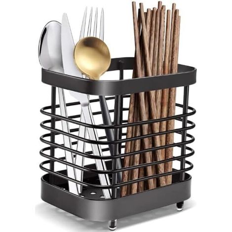 Cestino portaposate in acciaio inox, scolaposate in acciaio inox, porta utensili da cucina per riporre coltelli, forchette, cucchiai e bacchette, nero (1/4)
