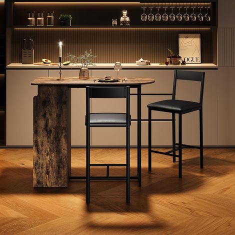 Ensemble Table de Bar 3 Pièces avec 2 Tabourets, Étagères de Rangement Latérales, Table Haute Gain de Place Style Industriel Marron (1/5)
