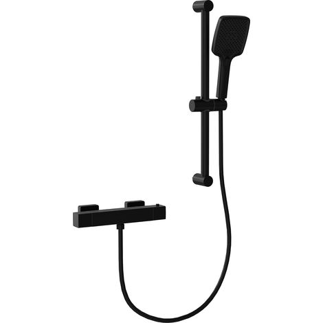Système de douche thermostatique murale – Sécurité 38°C anti‑brûlure – Pommeau pluie carré 25 cm – Douchette 3 jets – Barre réglable – Flexible 150 cm – Noir mat – Square single water outlet