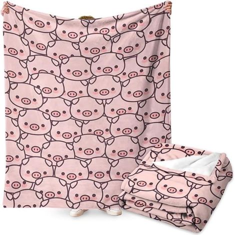 Flanell-Bettdecke mit Schweinchen-Motiv, weich und gemütlich, lustiges Cartoon-Design, 100x150 cm