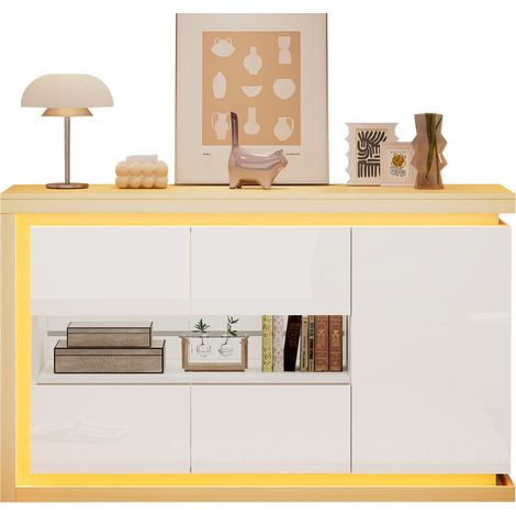 Buffet de salon 140 x 40 x 84 cm, commode moderne à 4 compartiments, largeur 140 cm, meuble d’appoint avec bande lumineuse LED, buffet brillant avec portes en verre trempé, adapté aux couloirs, salons