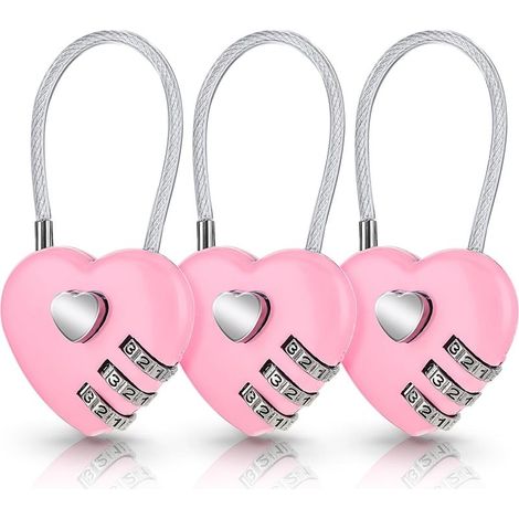 Lot de 3 cadenas à combinaison en forme de cœur rose pour valise, joli cadenas à code en forme de cœur, petit cadenas étanche pour sacs de voyage, sacs à dos (code original : 0-0-0) (1/5)
