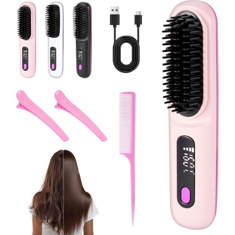 Mini-Haarglättungsbürste, tragbare kabellose elektrische Heizbürste mit Verbrühungsschutz, LCD-Display, wiederaufladbar, für alle Haartypen, für den täglichen Gebrauch und auf Reisen (Pink) (1/5)