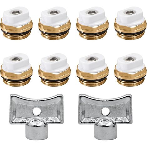 Lot de 8 valves de purge de radiateur en laiton 1/2" avec 2 clés de purge - Valve de chauffage manuelle - Buse d'échappement (1/5)