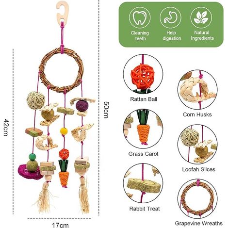 Chew Toy for Rabbit, Guinea Pig Chew Toy  Rodent Teething Toys for Hay and Wood, Hanging Chew Toys for Rabbit, Hamster, Guinea Pig, Chinchilla (1/4)