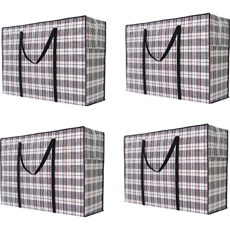 Pack de 4 Sacs de déménagement avec fermeture à glissière et poignées à carreaux, panier rangement, panier osier, Sac de Rangement
