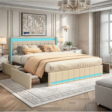 Bett 160x200 cm mit 4 Schubladen und LED, USB, Bett für Erwachsene 160x200 cm mit Lattenrost, Bettgestell 160x200 cm, Leinenstoff, beige