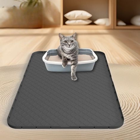 Tapis antidérapant pour bac à litière – silicone durable – 86×56 cm – Gris