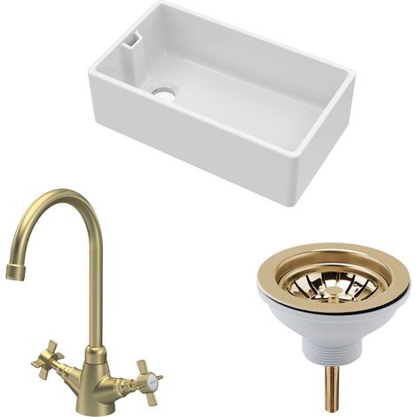 Fireclay Kitchen Bundle - 795mm 1 Bowl Belfast Sink with Strainer Waste & Mono Crosshead Tap, Brushed Brass (1/5)