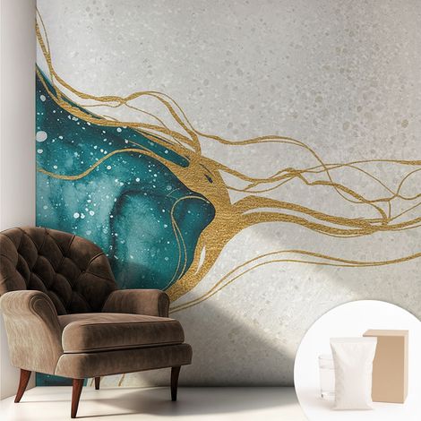 Papier peint intissé mural pour salon chambre à coucher tendance et originale - Colle incluse gratuite Lignes turquoise 250x250 cm (1/5)