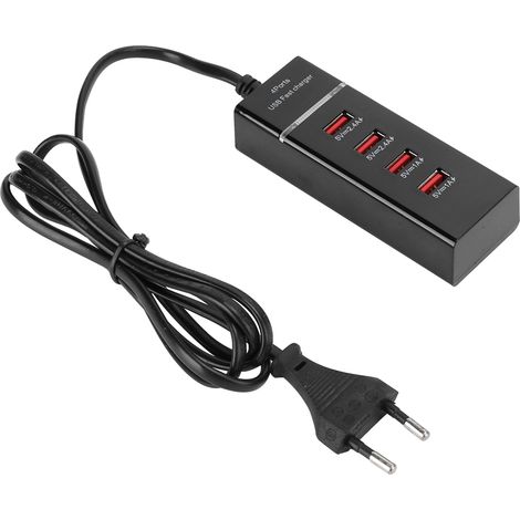 Chargeur universel pour téléphone portable, câble de bureau à 4 ports USB (UE 100-240 V, noir), longueur 1,5 m, avec emballage. (1/5)