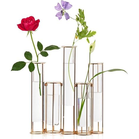 Set aus 5 Blumenreagenzgläsern, Glasvase mit Metallständer, Hydrokultur-Testvase, goldene Klappvase, Tischdekorationsset