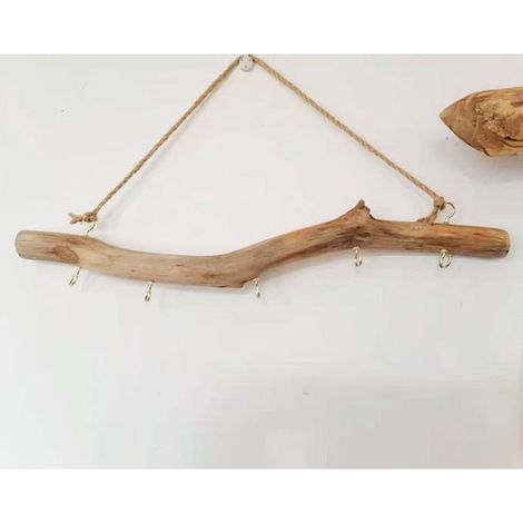 1 branche décorative en bois flotté de 40 cm (15,74 pouces) avec 5 crochets, décoration murale rustique pour suspendre bijoux, clés, chapeaux (1/4)