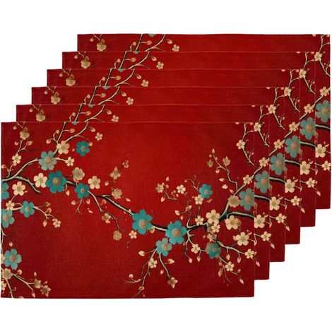 Lot de 6 sets de table chinois à motif fleurs de prunier - Lavables - Double face - Pour cuisine, salle à manger'Set of 6'-'Set of 6 (1/4)