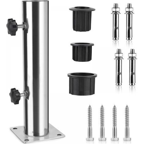 Tube Parasol, Pied de Parasol, Support Parasol en Acier Inoxydable Réglable avec 3 Anneaux de Réduction en PVC (32/38/48mm), Pied pour Parasol avec 8 Clous en Acier (1/4)