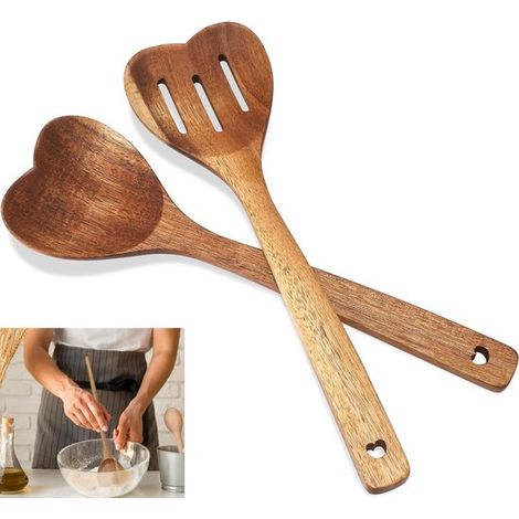 Juego de 2 cucharas de cocina de madera con forma de corazón y mangos largos de madera de acacia (1/5)