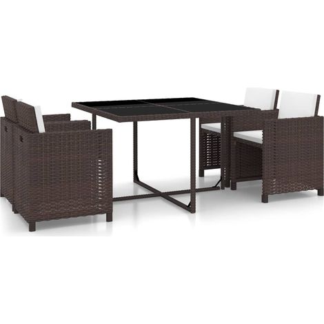 Salon de jardin encastrable 5 pcs Ensemble Table et Chaise de Jardin - avec coussins Rotin Marron BV310036 - BonneVie (1/5)
