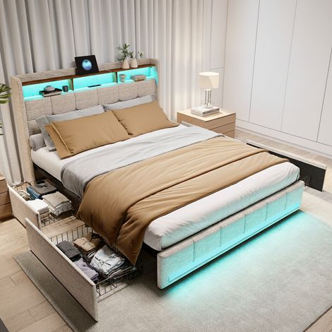 Lit 140x200 avec 4 tiroirs, lit adulte avec sommier, tête de lit avec rangement, éclairage LED, USB/Type-C, lit double capitonné lin - Beige