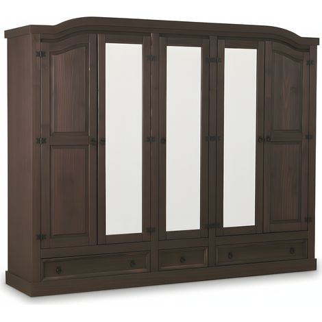 New Mexico Armoire 5 portes avec 3 portes miroirs, 2 portes lambrissées et 3 tiroirs, finition ciré en style colonial.