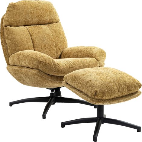 M&S – Fauteuil et repose-pied en tissu moutarde chiné – Structure en acier laqué – Rembourrage en mousse polyuréthane – Dossier inclinable