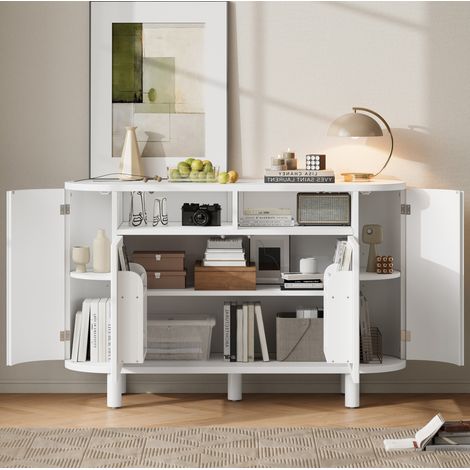 Credenza moderna bianca in MDF con vani a giorno e doppie ante, 120 x 38 x 77 cm (1/5)