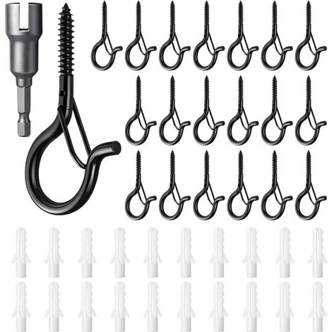 20 Pcs Outdoor Screw Hooks Wall Mounted Rustproof Screw Hook with Safety Buckle for String Lights and Plants Ceiling Hook Heavy Duty Diamond Design for Wood and Concrete Black (1/5)