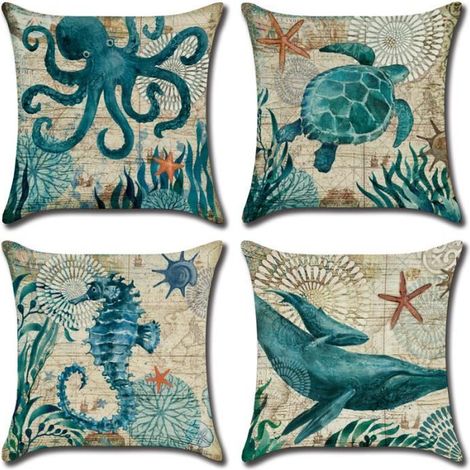 4 Kissenbezüge 45x45 cm aus bedrucktem Leinen-Baumwoll-Stoff mit Ozeanmotiv, Motive: Oktopus, Wal, Schildkröte, für Bett, Sofa, Auto