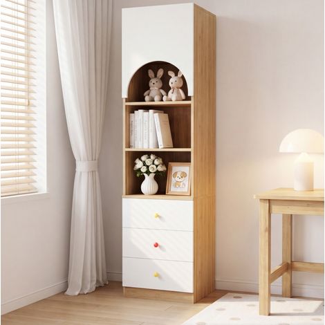 MODFU – Bibliothèque enfant 50x50x200 cm MDF – 3 tiroirs et porte arquée – 3 étagères et charge 15 kg – Chambre – Blanc/bois (1/5)