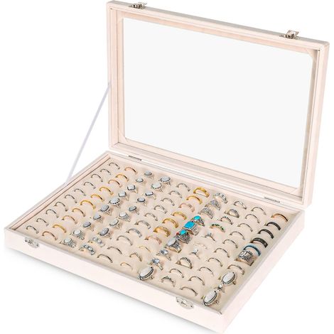Organiseur de bagues avec 100 compartiments, couvercle transparent en velours, plateau à bijoux, pour femmes et filles (beige) (1/5)