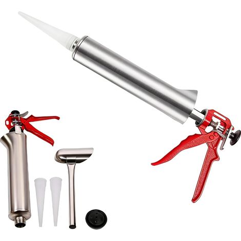 Pistola per malta con 2 ugelli - Pompa manuale in acciaio inox, paletta, siringa per calcestruzzo, strumento per stuccare piastrelle, muratura, silicone e sigillante