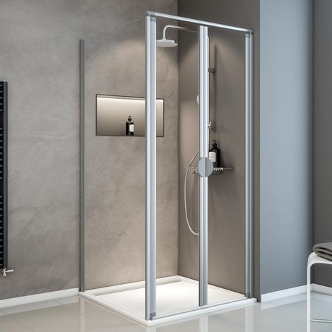 Schulte – Porte de douche battante avec paroi fixe – Verre de sécurité 5 mm – Dimensions 80 x 80 x 185 cm – Profilé aluminium argenté – Système autolevant