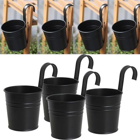 Set mit 4 schwarzen Hängeblumentöpfen aus Metall – Abnehmbarer Haken – Durchmesser 10 cm – Höhe 8 cm – Für Balkon, Garten, Innen- und Außenbereich (1/5)