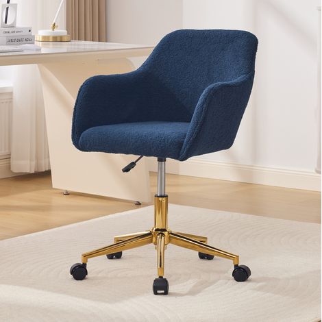 Silla de oficina giratoria 360°, regulable en altura, base dorada con ruedas, silla de tocador en tejido de bucle azul tipo peluche (1/5)