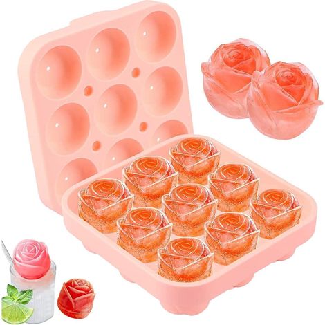 Silikon Eiswürfelform Rose 9er Set mit Deckel für Cocktails & Whiskey