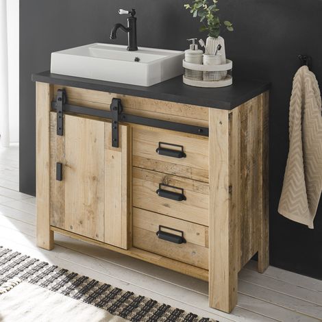 Badezimmer Unterschrank inkl. Waschbecken SHELTON-61 in Old Style hell Nb. mit anthrazit, B/H/T: ca. 95/91/43 cm (1/5)