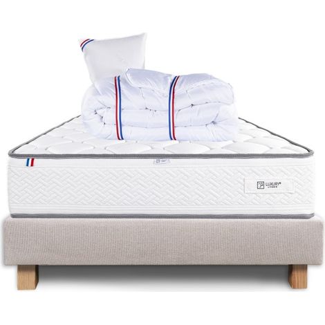 Ensemble Sommier beige (20cm), Matelas Iris (20 cm) mousses haute densité, ferme, face été/hiver, Oreiller et Couette, 90x190cm (1/5)