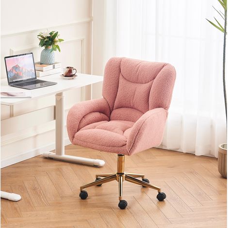 Chaise de bureau 64x62x92.5 cm rose en tissu Teddy avec hauteur réglable et roulettes 360° (1/4)