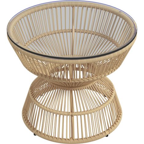 Beistelltisch Rattan Ø60 cm Couchtisch Gartentisch mit Hartglas Tischplatte im Boho-Design, Kaffeetisch aus Naturholz