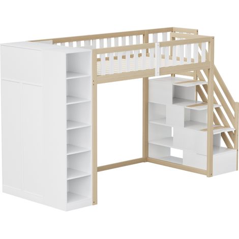 Cama alta 90x200 cm con estantes, armario y escalera con almacenaje, blanco y madera natural (1/5)
