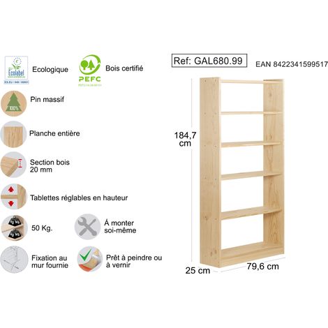 Astigarraga – Étagère d'angle modulable en pin massif – 6 tablettes spacieuses – Dimensions 79,6 x 25 x 184,7 cm – Montage rapide sans outils (1/5)