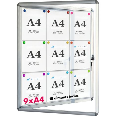 Panneau d'affichage en aluminuim 9 x A4 avec serrure à clé