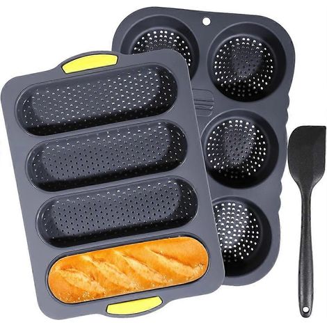 Ensemble moule à pain français en silicone et moule à hamburger, moule à pain français antiadhésif, plaque de cuisson ondulée avec raclette (1/5)