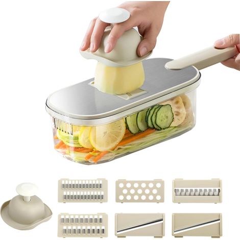 Coupe-légumes multifonction 6 et 1 - Mandoline, julienne, concombre, pomme de terre et oignon, râpe - Compact, gris (1/5)