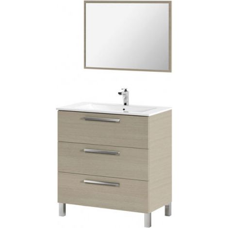 Pegane – Meuble sous vasque salle de bain chêne clair 3 tiroirs + miroir – Dimensions L 80 x P 45 x H 86 cm – Panneau aggloméré haute densité