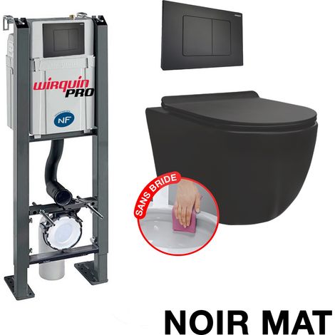 Wirquin Pro – Pack complet WC suspendu sans bride – Bâti autoportant avec cuvette noir mat – Système de chasse sans bride – Installation rapide sans outil