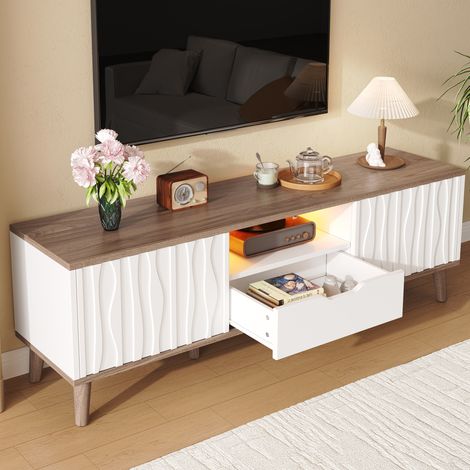 Mueble TV 160x40x52 cm de tableros de madera y MDF blanco con almacenaje -FLORAGRACE (1/5)